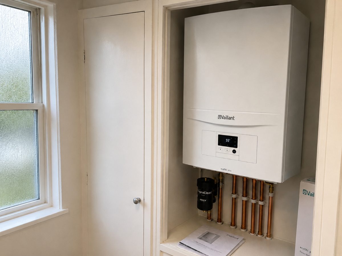Newly installed Vaillant ecoTEC combi boiler with magnetic filter and copper pipework, fitted by Kennet Plumbing and Heating in Woodley