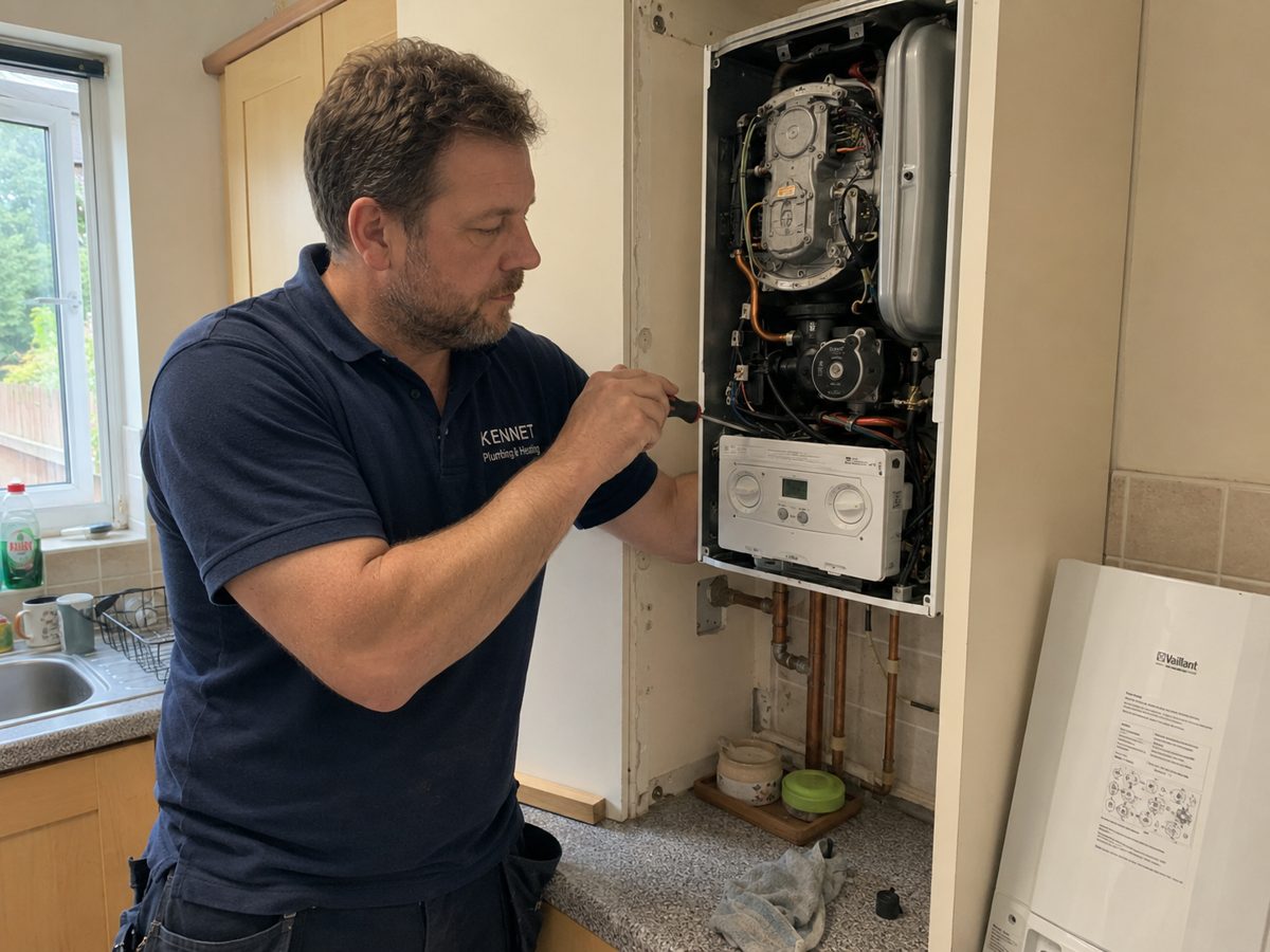 Gas Safe engineer servicing a wall-mounted combi boiler in an Earley home