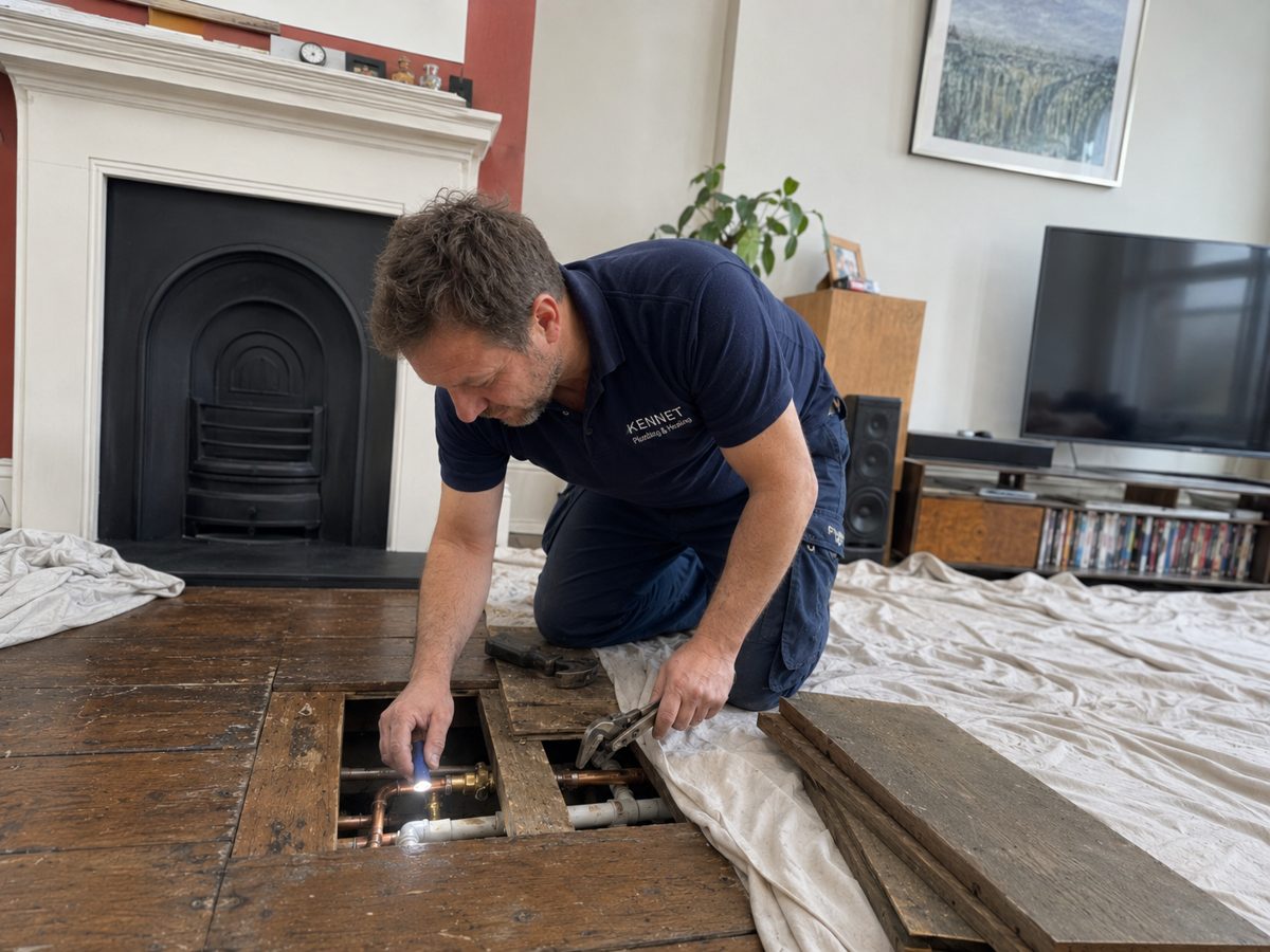 Plumber locating and repairing a leaking pipe under floorboards in a Caversham house